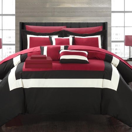 FIXTURESFIRST Duke Pieced Color Block Bed in a Bag Comforter Set with Sheets - Red - Queen - 10 Piece FI2541716